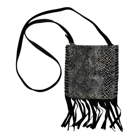 Fossil Crossbody Purse Black Suede Animal‎ Print Fringe Inside Zipper Pocket - Picture 1 of 11